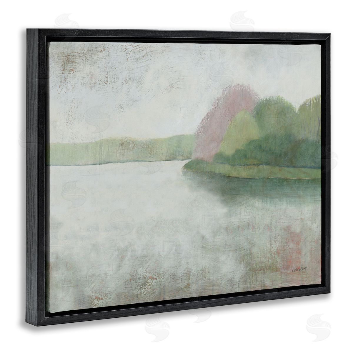 Tranquil Lake and Island Landscape Black Floating Frame Canvas Wall Art, Home Decor by Kathrine Lovell