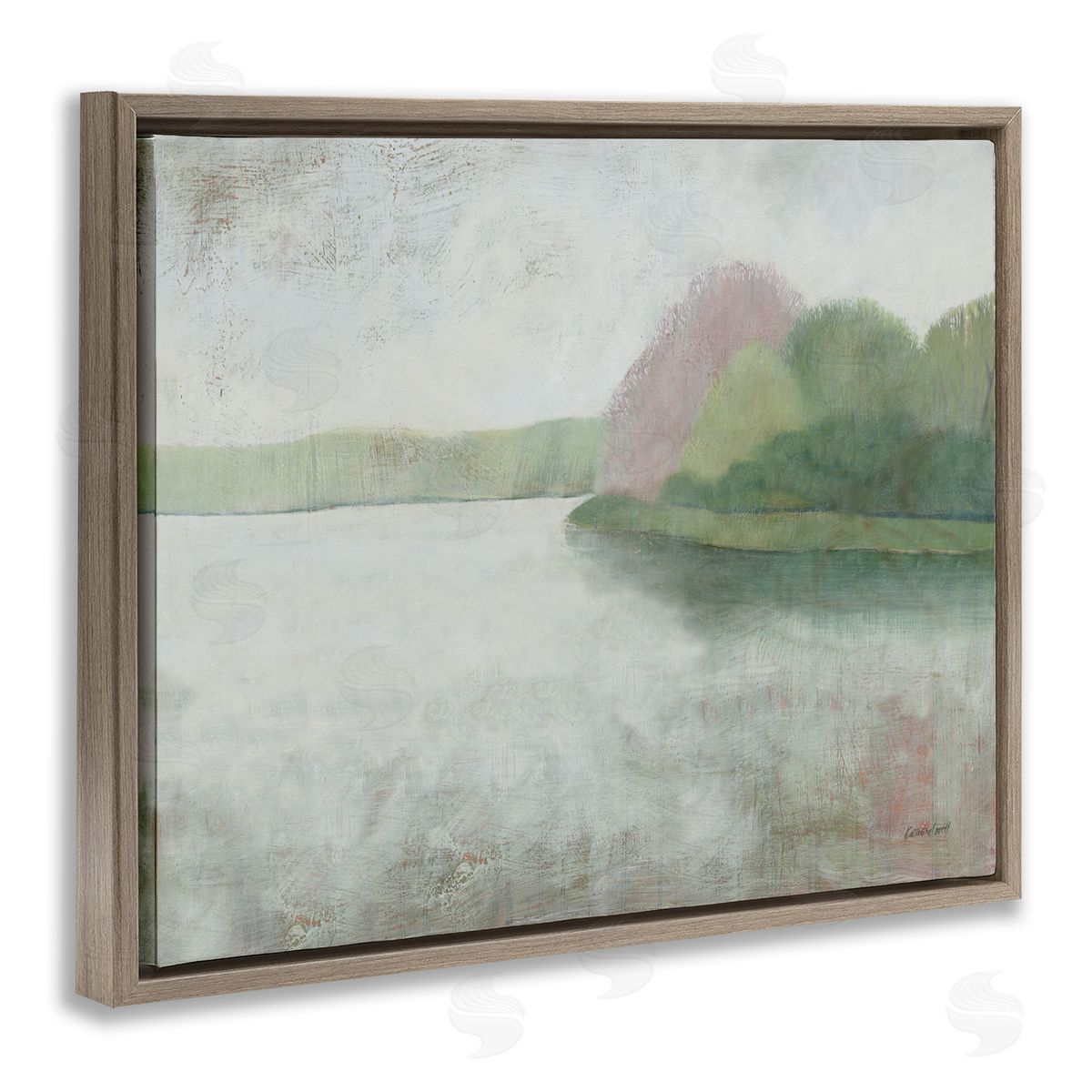Tranquil Lake and Island Landscape Brown Floating Frame Canvas Wall Art, Home Decor by Kathrine Lovell