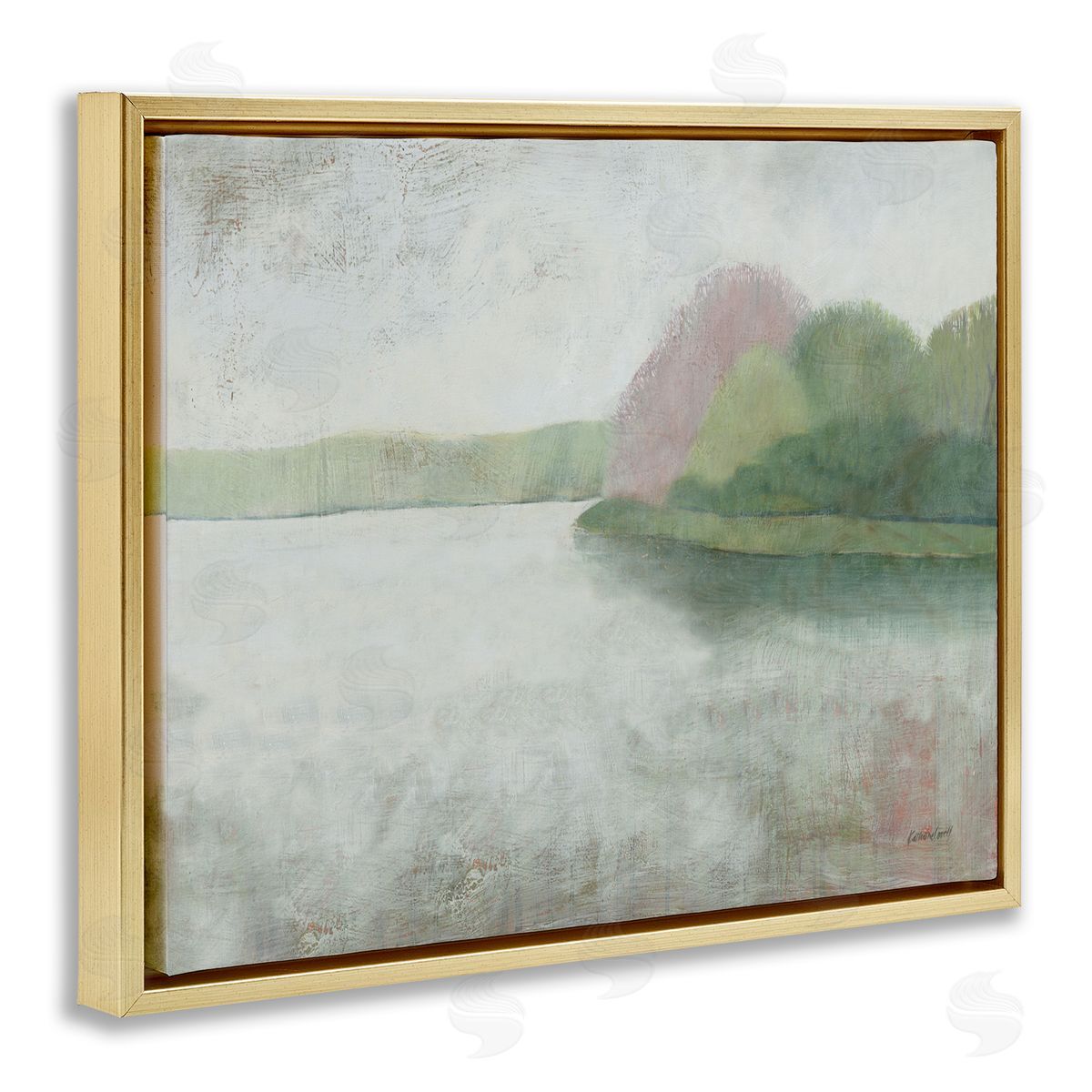 Tranquil Lake and Island Landscape Gold Floating Frame Canvas Wall Art, Home Decor by Kathrine Lovell