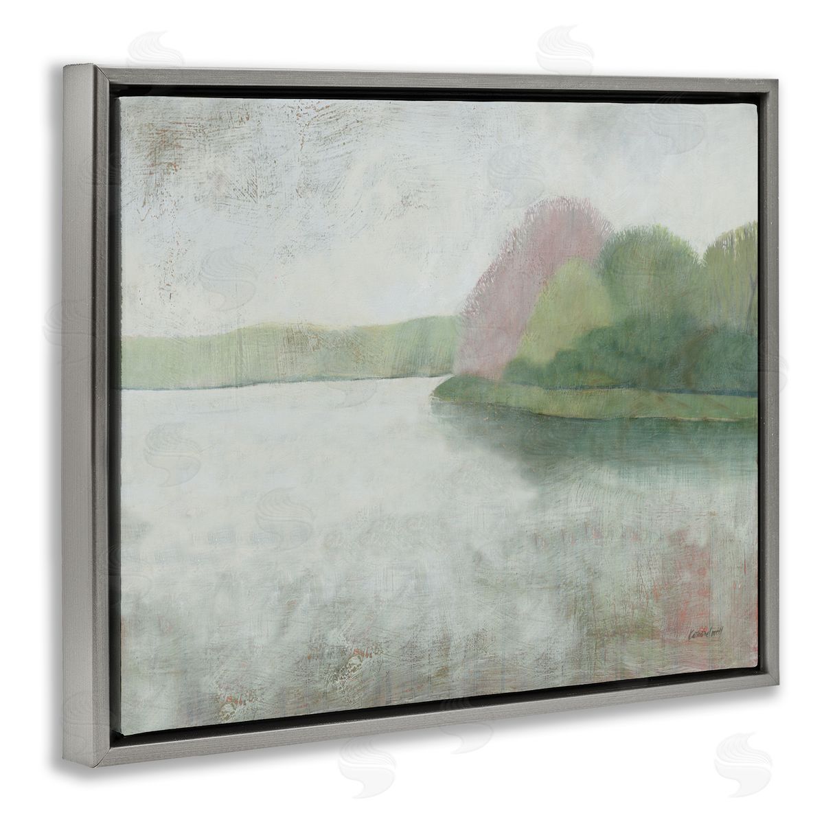 Tranquil Lake and Island Landscape Grey Floating Frame Canvas Wall Art, Home Decor by Kathrine Lovell