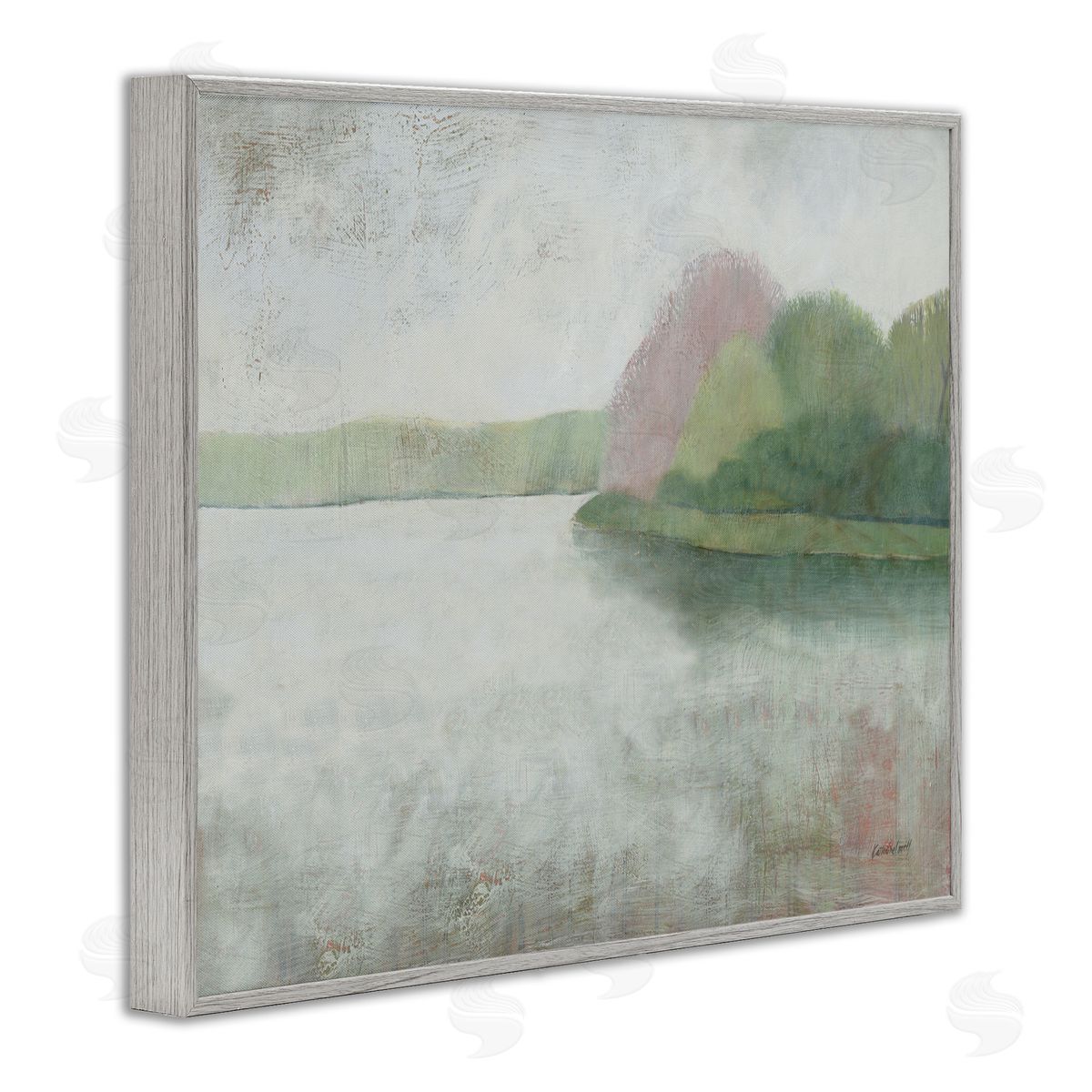 Tranquil Lake and Island Landscape Grey Frame Print Wall Art, Home Decor by Kathrine Lovell