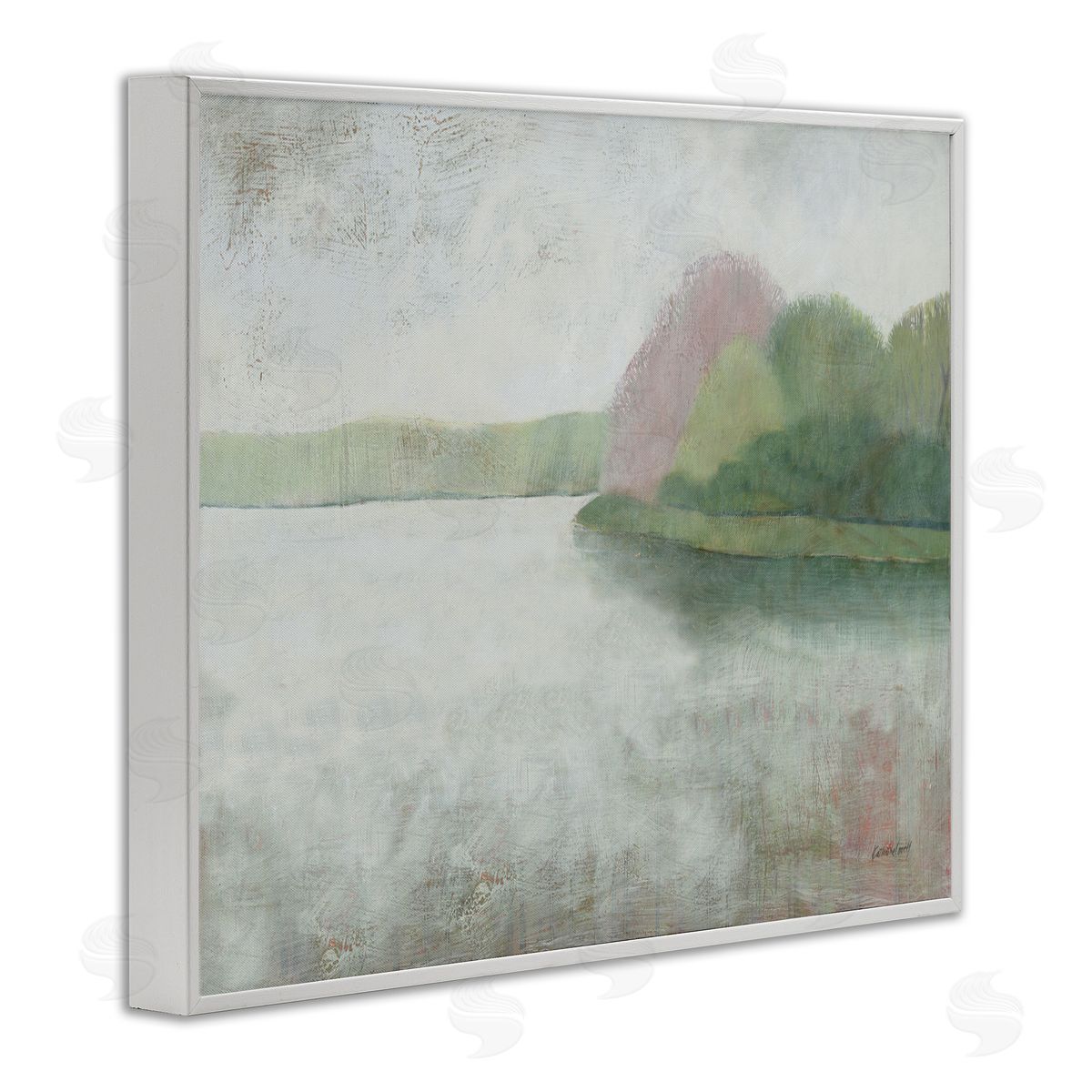 Tranquil Lake and Island Landscape White Frame Print Wall Art, Home Decor by Kathrine Lovell