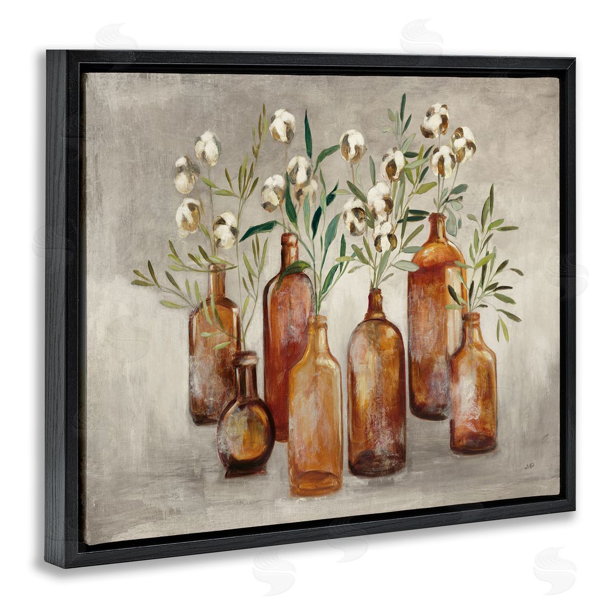 Country Cotton Flowers in Jars Black Floating Frame Canvas Wall Art, Home Decor by Julia Purinton