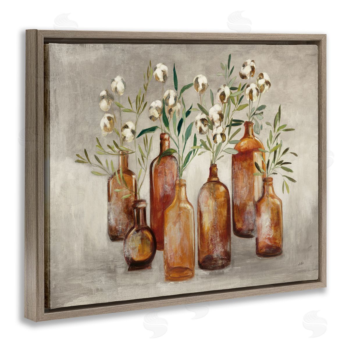 Country Cotton Flowers in Jars Brown Floating Frame Canvas Wall Art, Home Decor by Julia Purinton