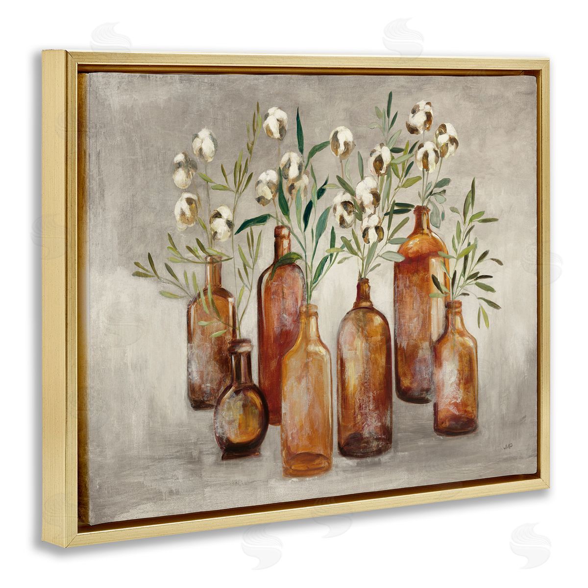 Country Cotton Flowers in Jars Gold Floating Frame Canvas Wall Art, Home Decor by Julia Purinton