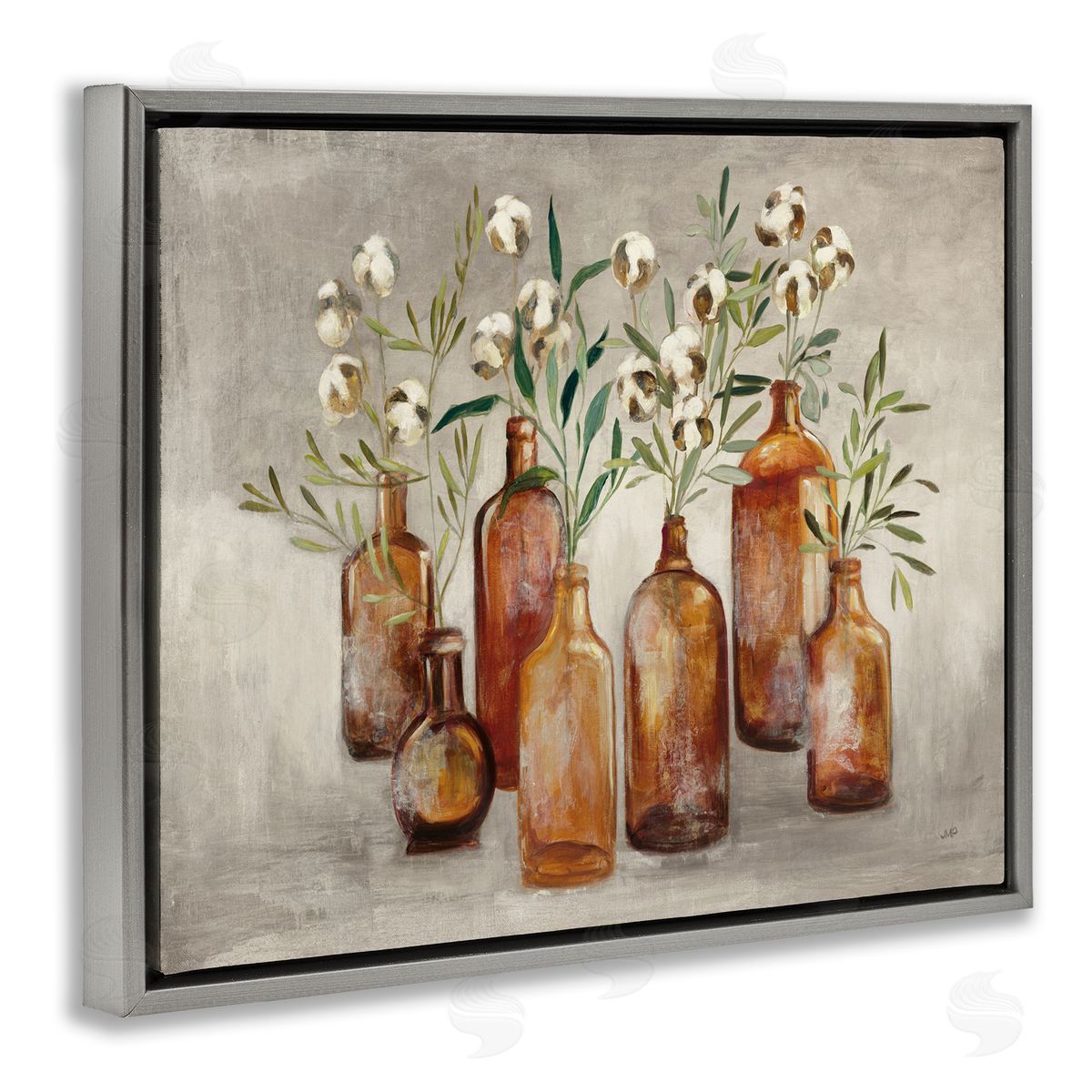 Country Cotton Flowers in Jars Grey Floating Frame Canvas Wall Art, Home Decor by Julia Purinton
