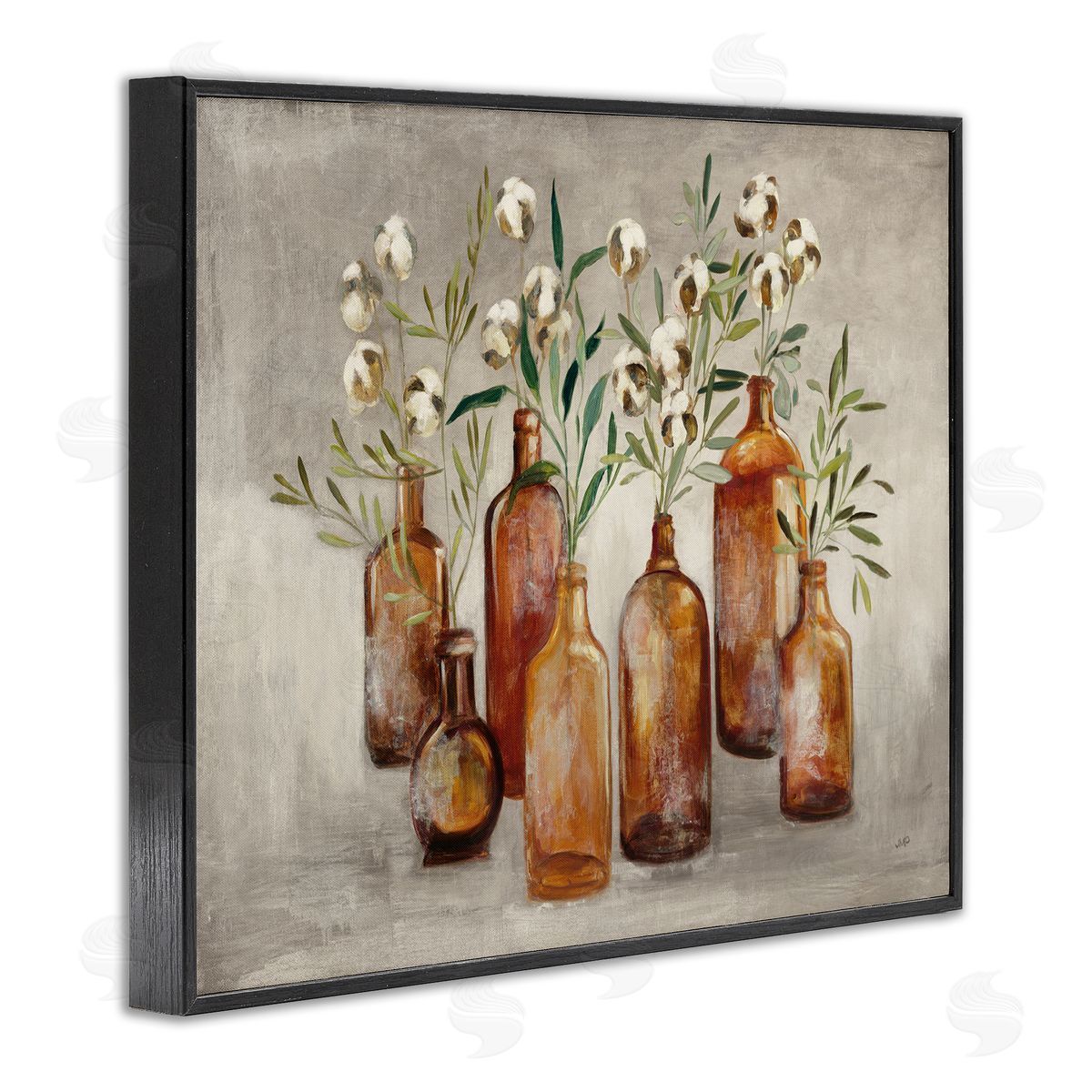 Country Cotton Flowers in Jars Black Frame Print Wall Art, Home Decor by Julia Purinton