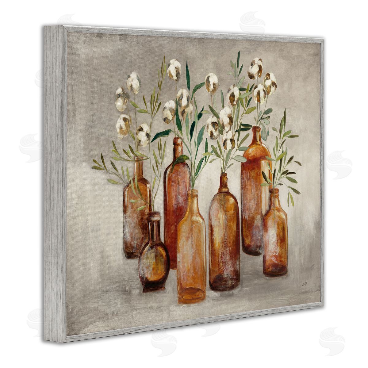 Country Cotton Flowers in Jars Grey Frame Print Wall Art, Home Decor by Julia Purinton