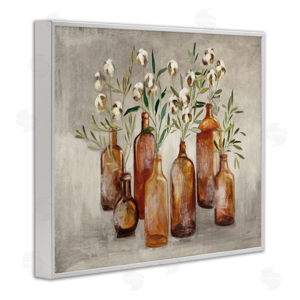 Country Cotton Flowers in Jars White Frame Print Wall Art, Home Decor by Julia Purinton