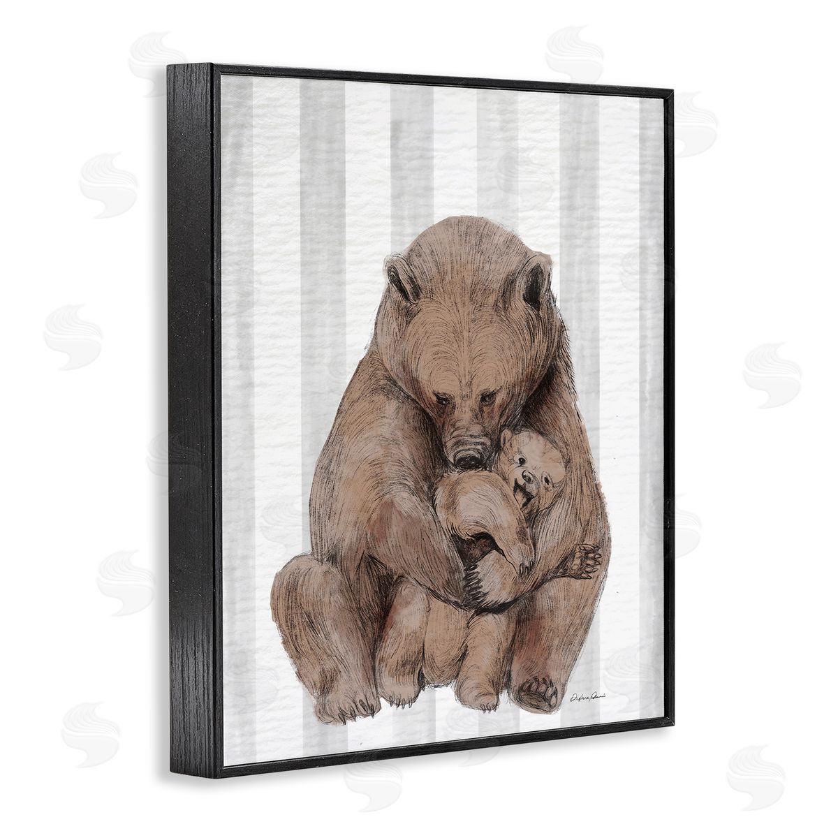 Bear and Cub Grey Stripes Black Frame Print Wall Art, Home Decor by Stupell Studio