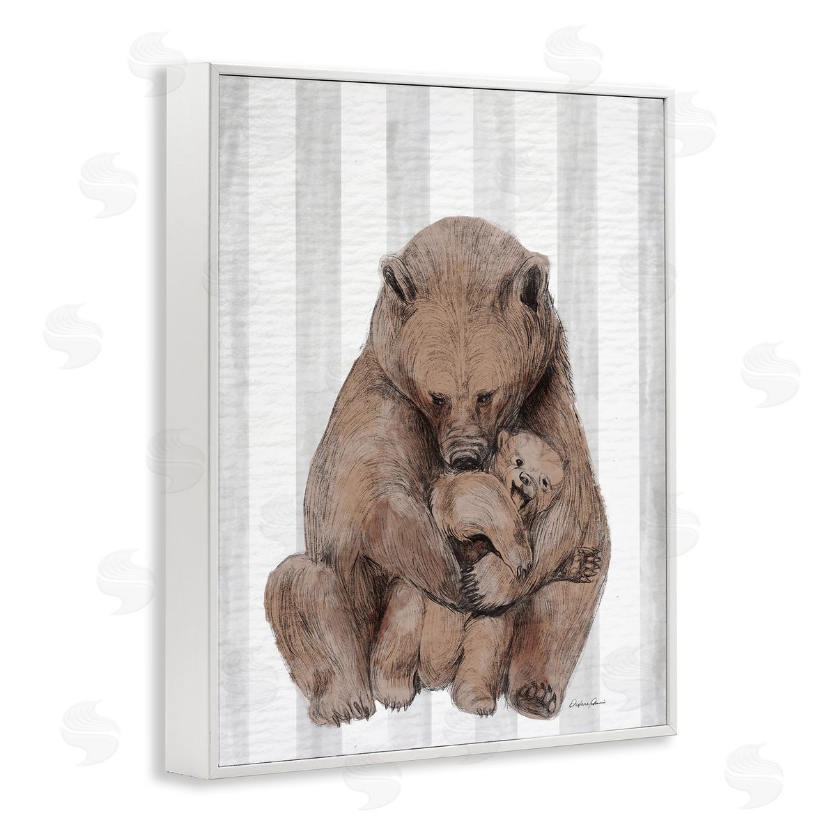 Bear and Cub Grey Stripes White Frame Print Wall Art, Home Decor by Stupell Studio