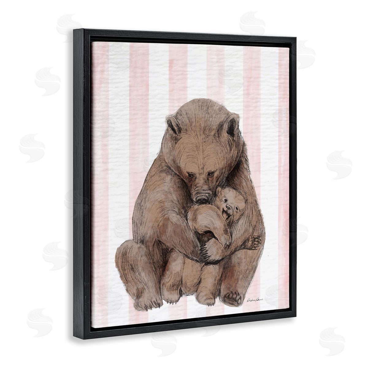 Bear and Cub Pink Stripes Black Floating Frame Canvas Wall Art, Home Decor by Stupell Studio