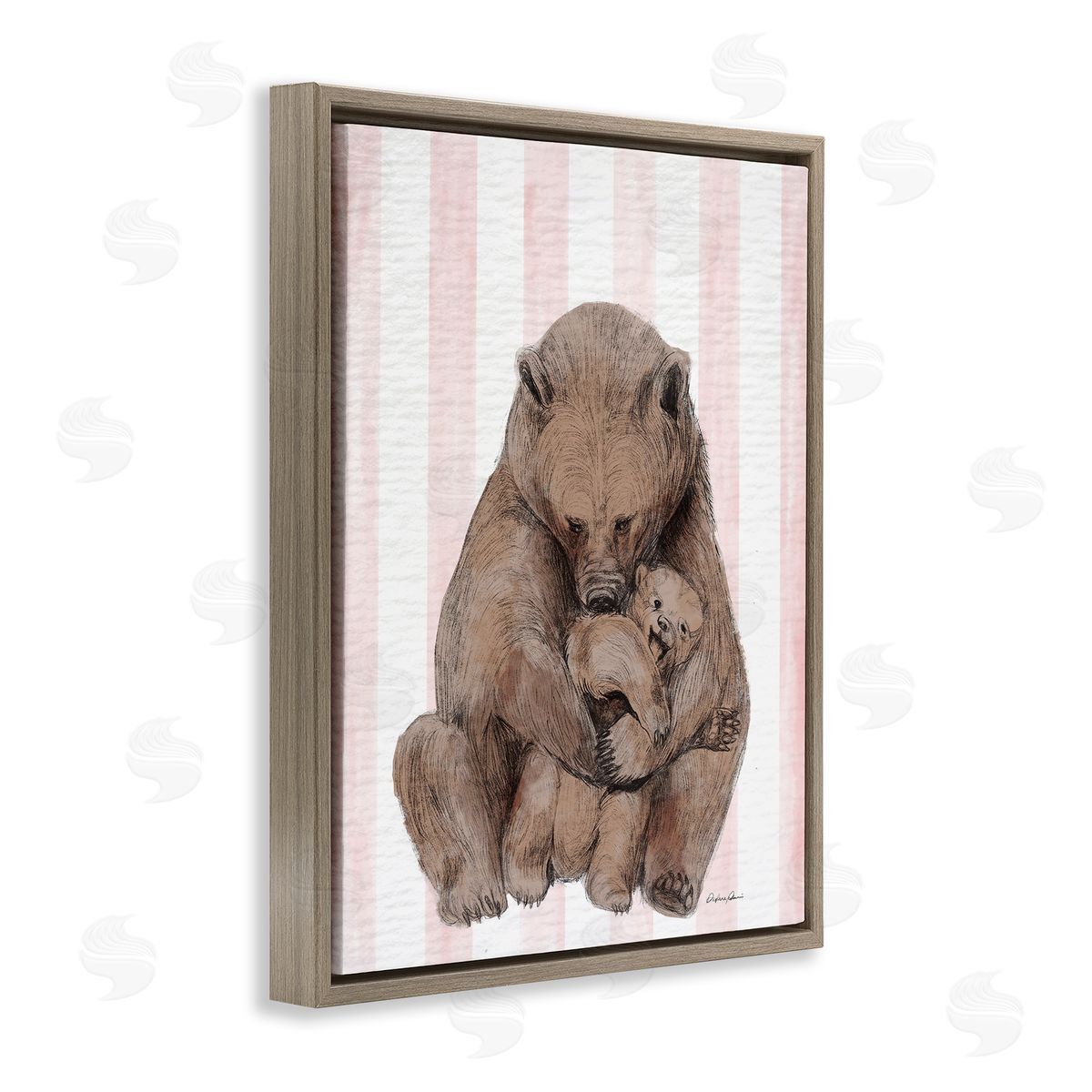 Bear and Cub Pink Stripes Brown Floating Frame Canvas Wall Art, Home Decor by Stupell Studio