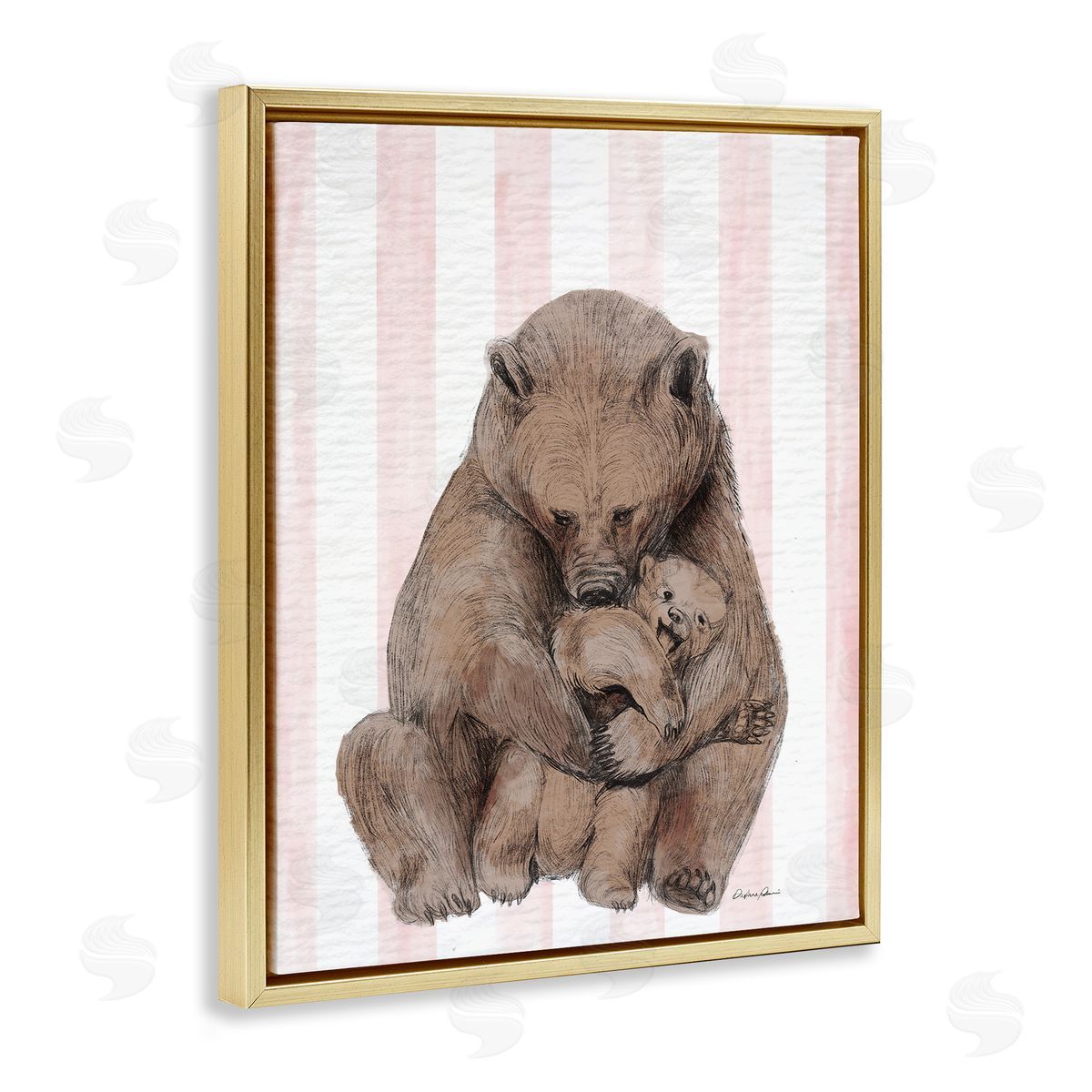 Bear and Cub Pink Stripes Gold Floating Frame Canvas Wall Art, Home Decor by Stupell Studio