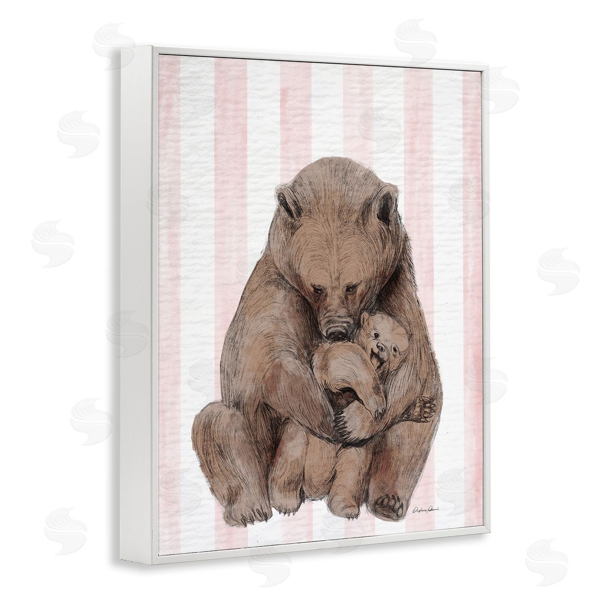 Bear and Cub Pink Stripes White Frame Print Wall Art, Home Decor by Stupell Studio