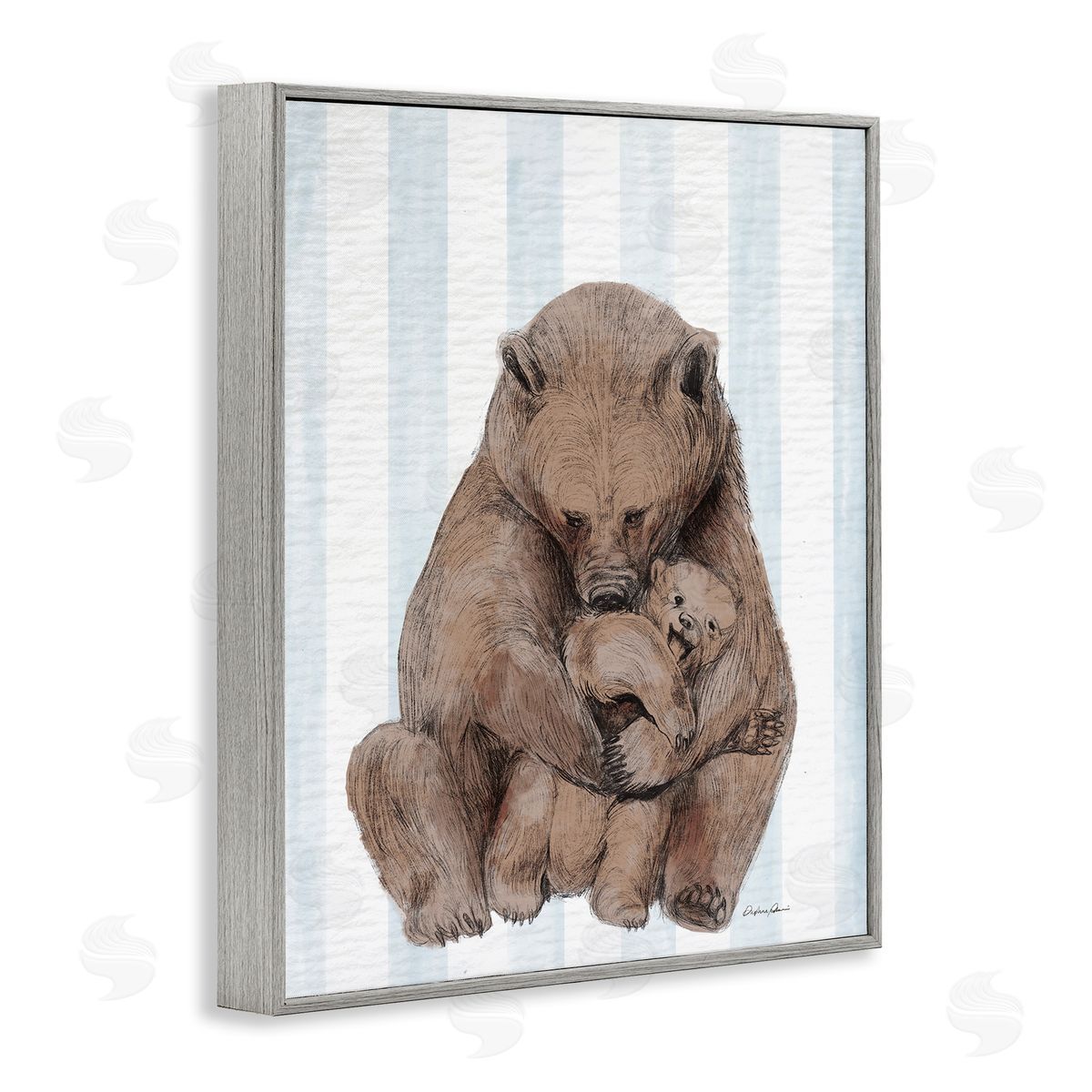 Bear and Cub Blue Stripes Grey Frame Print Wall Art, Home Decor by Stupell Studio