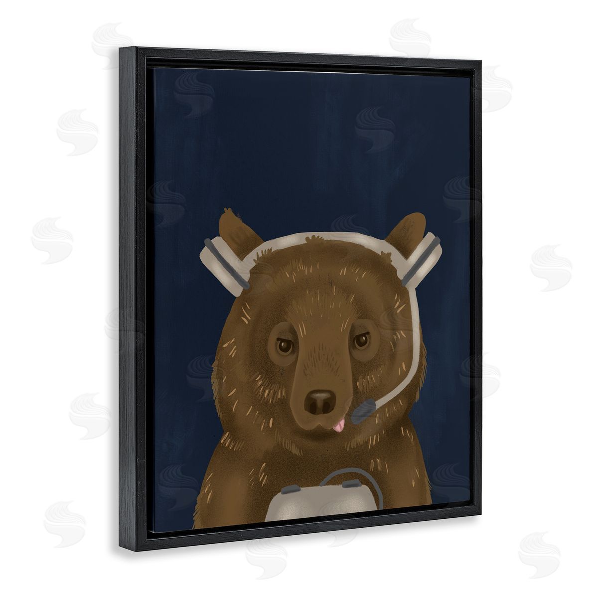 Bear with Gaming Headset Black Floating Frame Canvas Wall Art, Home Decor by Stupell Studio