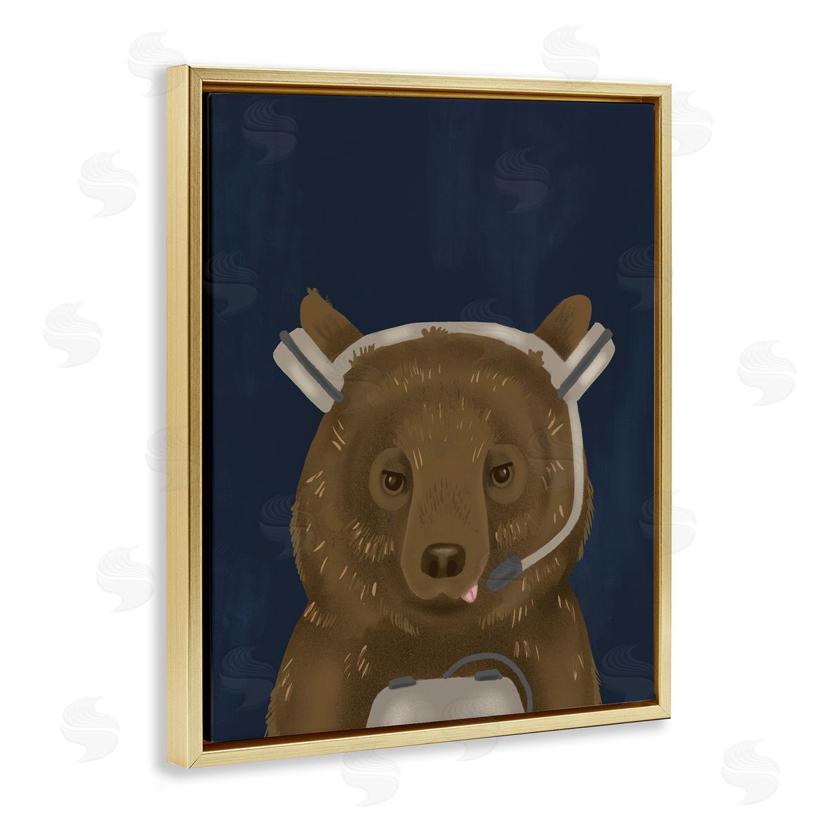 Bear with Gaming Headset Gold Floating Frame Canvas Wall Art, Home Decor by Stupell Studio