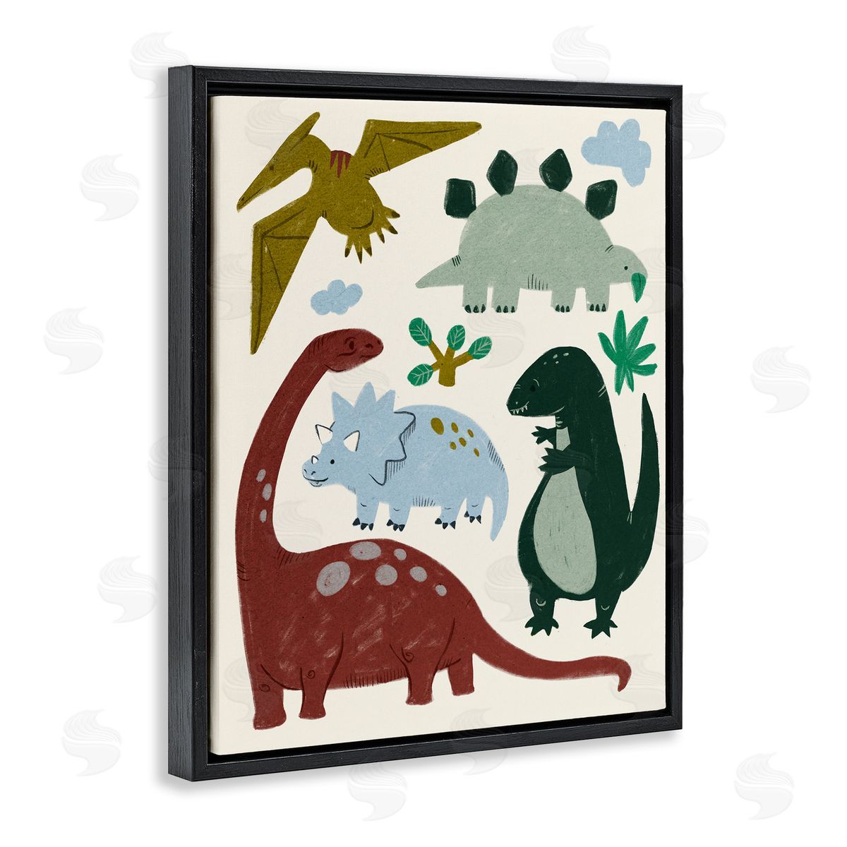 Colorful Cartoon Dinosaur Friends Black Floating Frame Canvas Wall Art, Home Decor by Stupell Studio