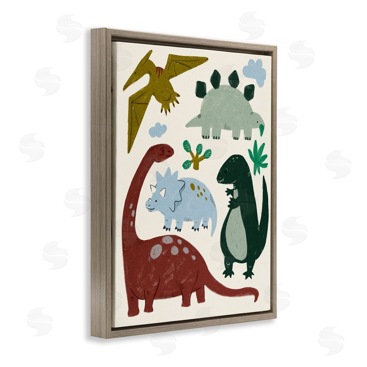 Colorful Cartoon Dinosaur Friends Brown Floating Frame Canvas Wall Art, Home Decor by Stupell Studio