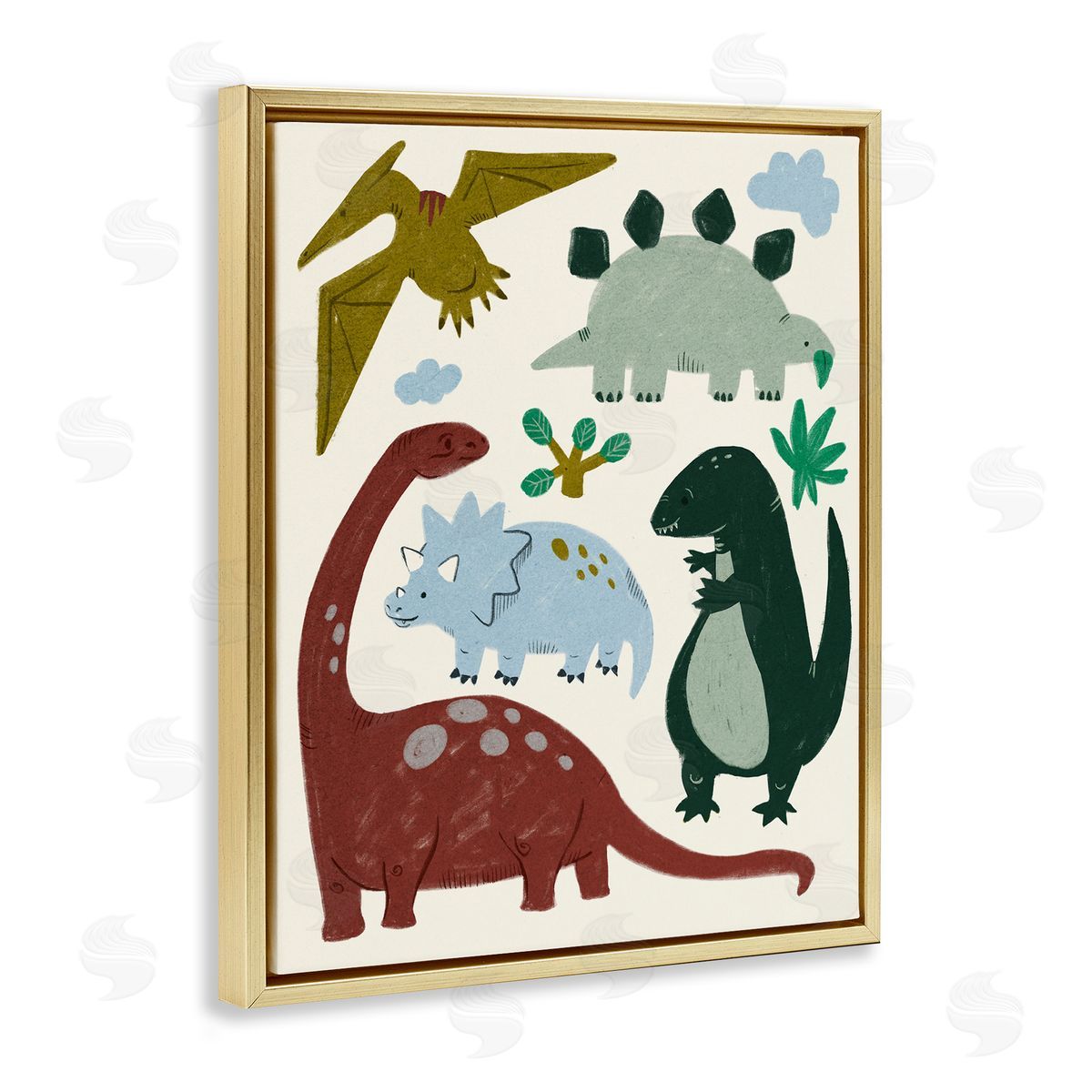 Colorful Cartoon Dinosaur Friends Gold Floating Frame Canvas Wall Art, Home Decor by Stupell Studio
