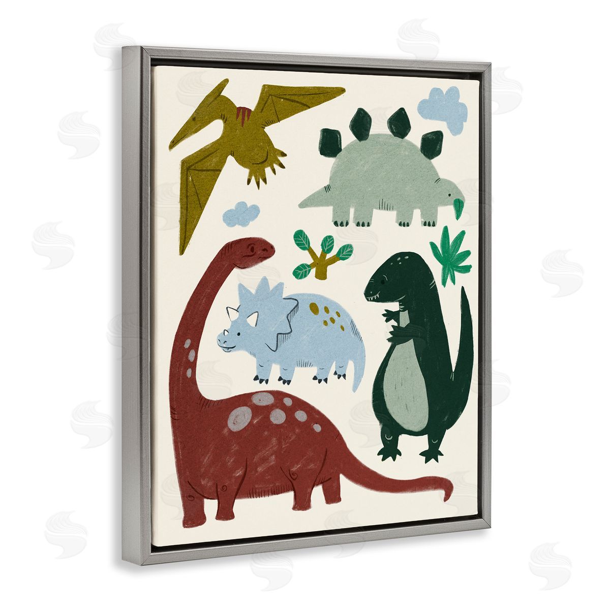 Colorful Cartoon Dinosaur Friends Grey Floating Frame Canvas Wall Art, Home Decor by Stupell Studio