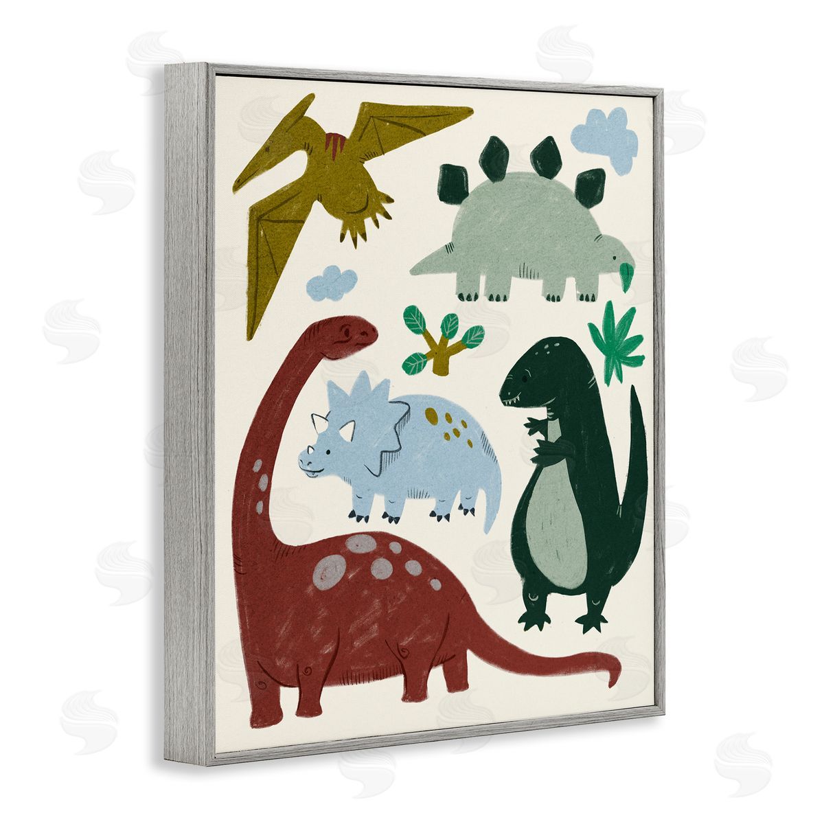 Colorful Cartoon Dinosaur Friends Grey Frame Print Wall Art, Home Decor by Stupell Studio