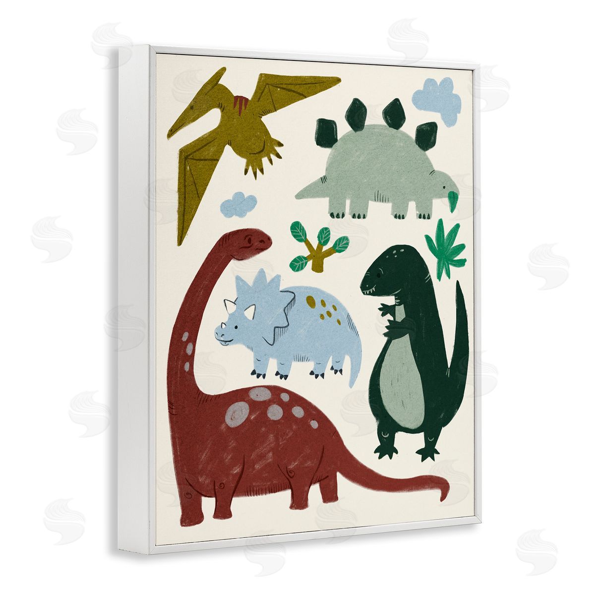 Colorful Cartoon Dinosaur Friends White Frame Print Wall Art, Home Decor by Stupell Studio