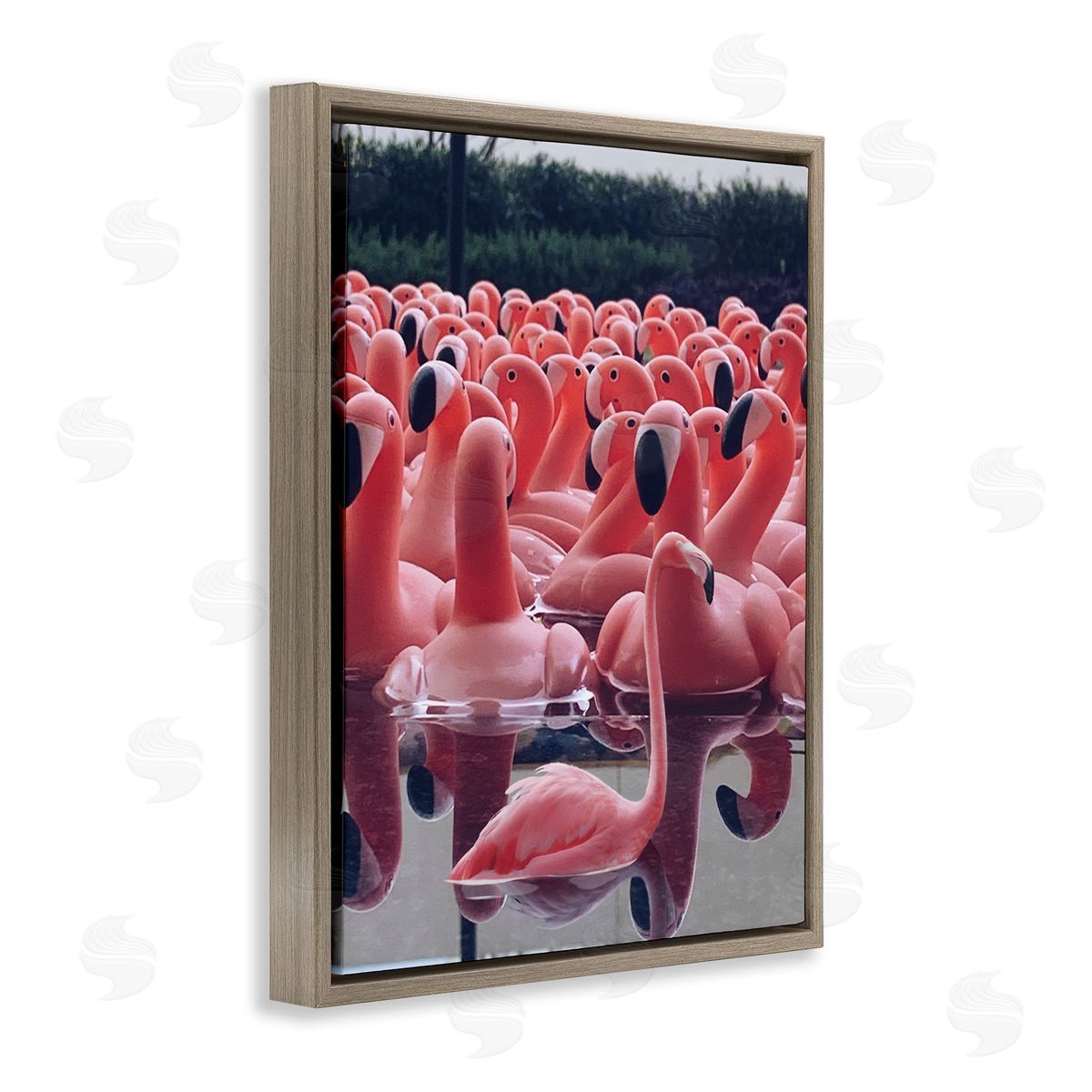 Funny Pink Flamingo Pool Brown Floating Frame Canvas Wall Art, Home Decor by Ziwei Li