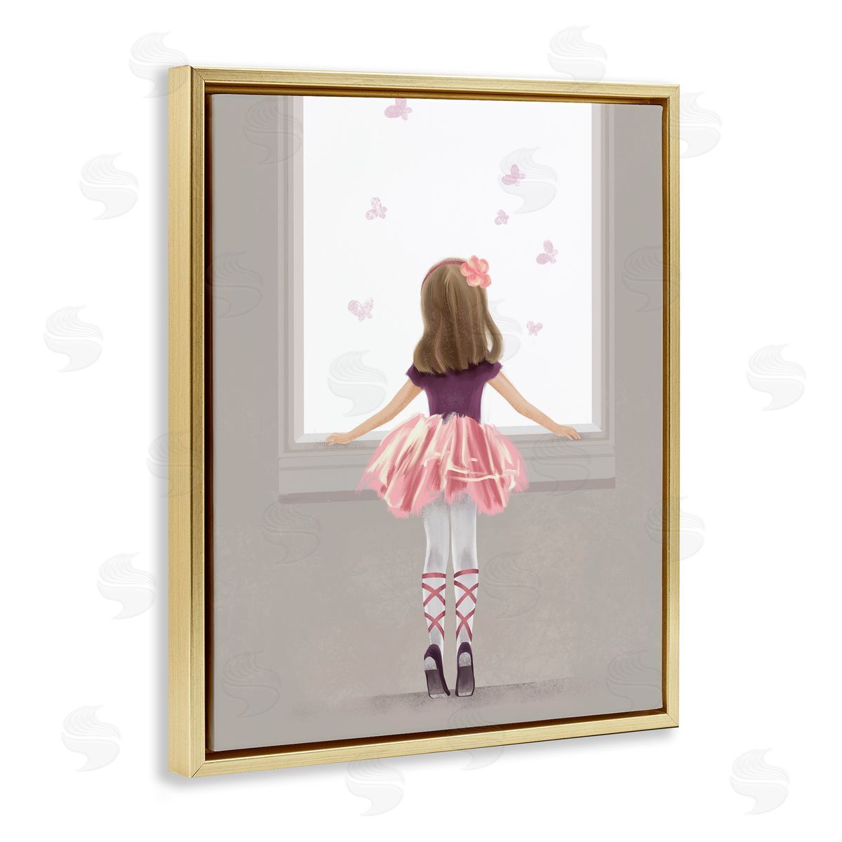 Little Ballerina at Window Gold Floating Frame Canvas Wall Art, Home Decor by Ziwei Li