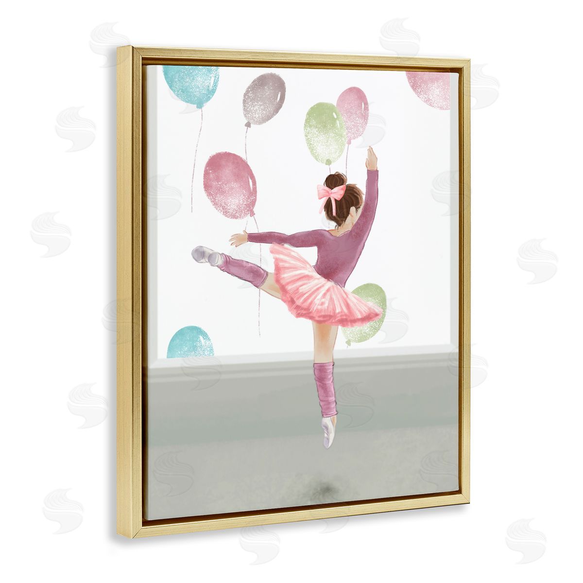 Jumping Ballerina with Balloons Gold Floating Frame Canvas Wall Art, Home Decor by Ziwei Li