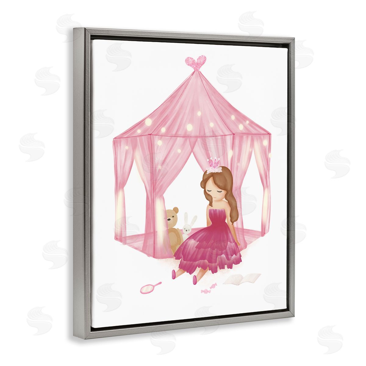 Playroom Princess Doll Illustration Grey Floating Frame Canvas Wall Art, Home Decor by Ziwei Li