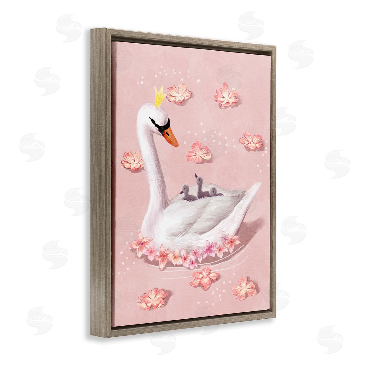 Mother Swan and Chicks Brown Floating Frame Canvas Wall Art, Home Decor by Ziwei Li