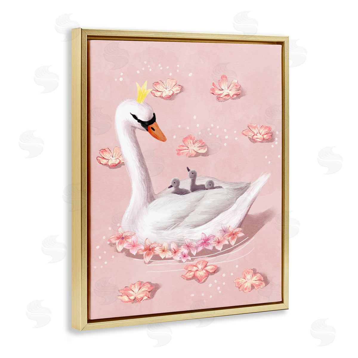 Mother Swan and Chicks Gold Floating Frame Canvas Wall Art, Home Decor by Ziwei Li