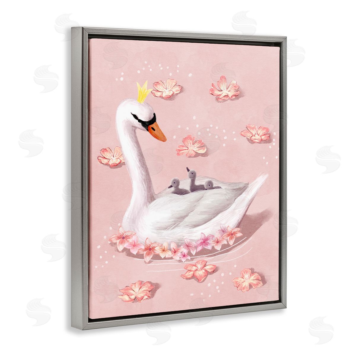 Mother Swan and Chicks Grey Floating Frame Canvas Wall Art, Home Decor by Ziwei Li