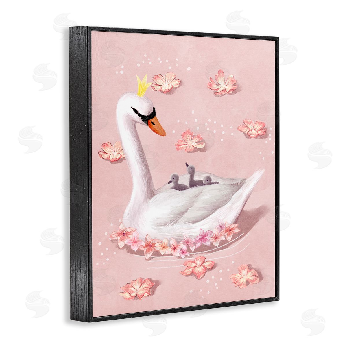 Mother Swan and Chicks Black Frame Print Wall Art, Home Decor by Ziwei Li