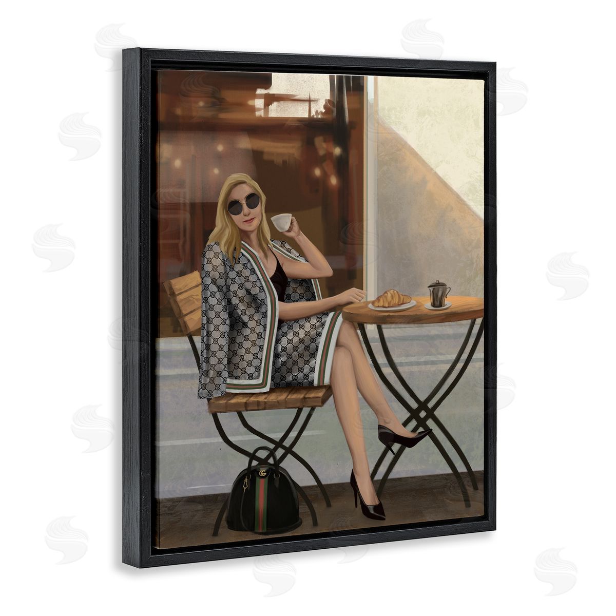 Woman with Coffee at Café Black Floating Frame Canvas Wall Art, Home Decor by Ziwei Li