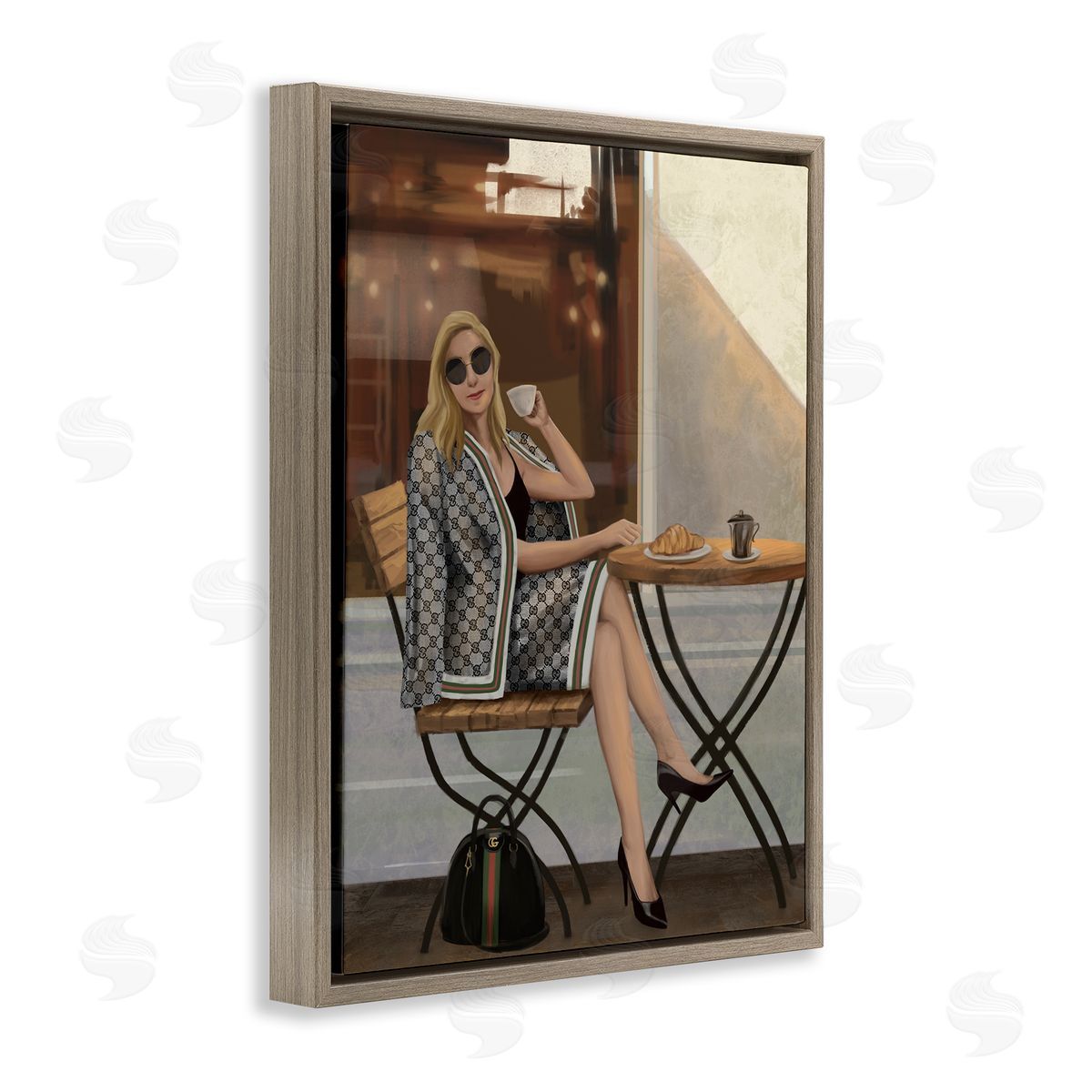 Woman with Coffee at Café Brown Floating Frame Canvas Wall Art, Home Decor by Ziwei Li