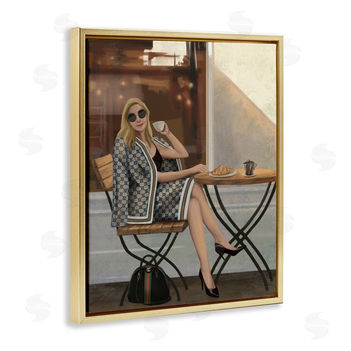 Woman with Coffee at Café Gold Floating Frame Canvas Wall Art, Home Decor by Ziwei Li