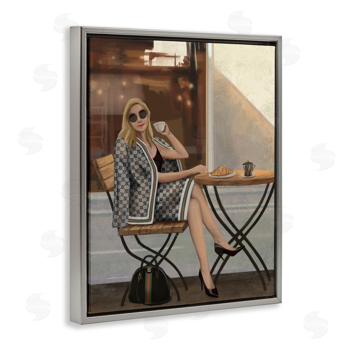 Woman with Coffee at Café Grey Floating Frame Canvas Wall Art, Home Decor by Ziwei Li