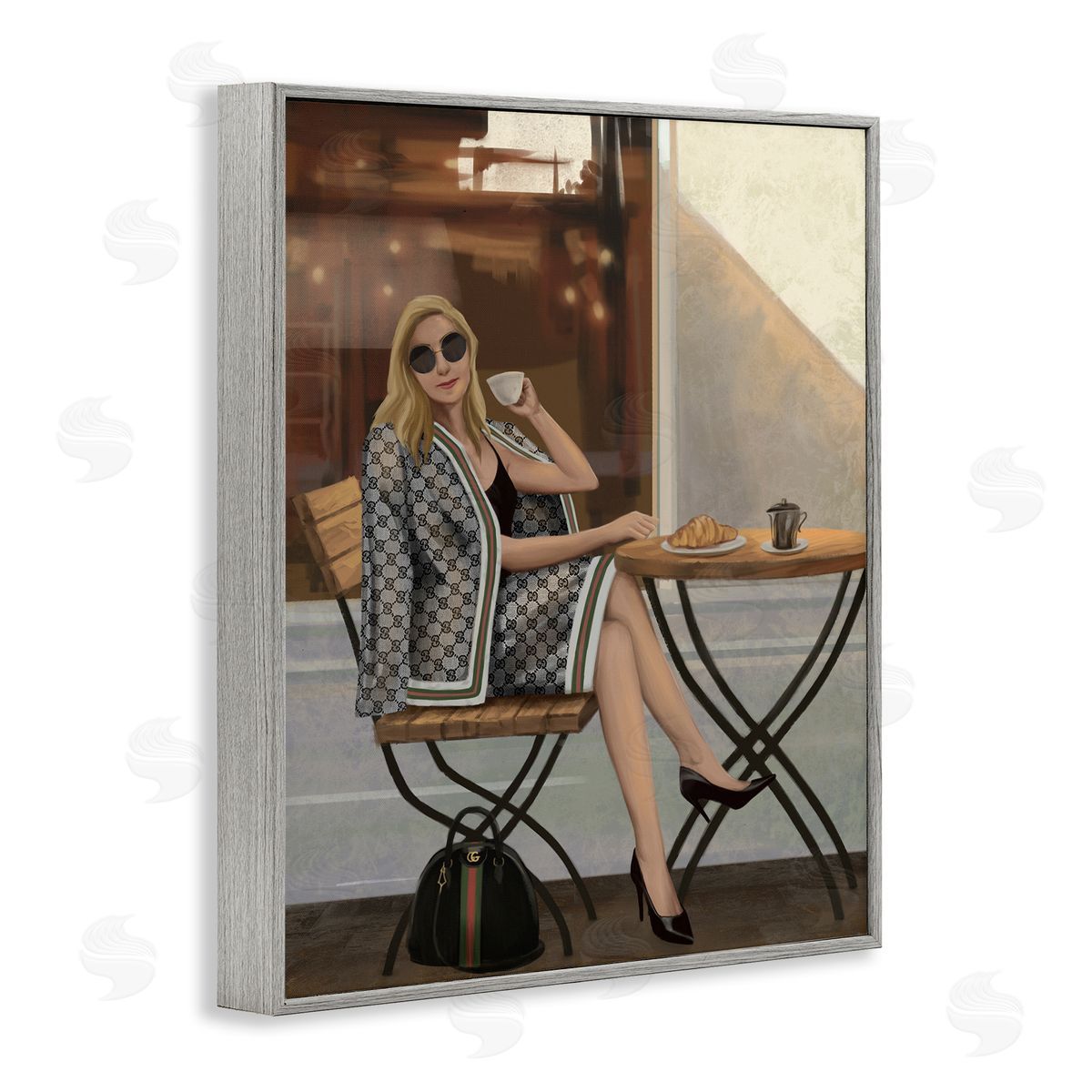 Woman with Coffee at Café Grey Frame Print Wall Art, Home Decor by Ziwei Li
