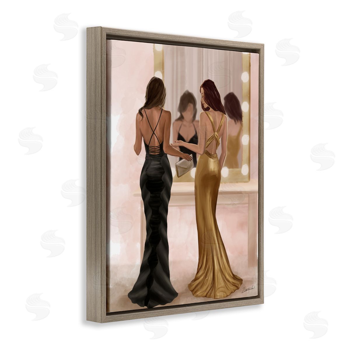 Women in Dresses at Vanity Brown Floating Frame Canvas Wall Art, Home Decor by Ziwei Li
