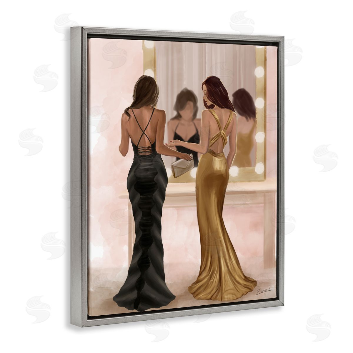 Women in Dresses at Vanity Grey Floating Frame Canvas Wall Art, Home Decor by Ziwei Li