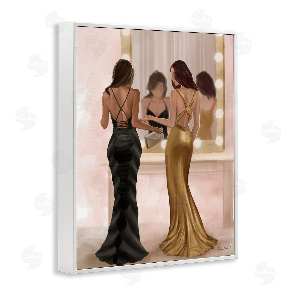 Women in Dresses at Vanity White Frame Print Wall Art, Home Decor by Ziwei Li