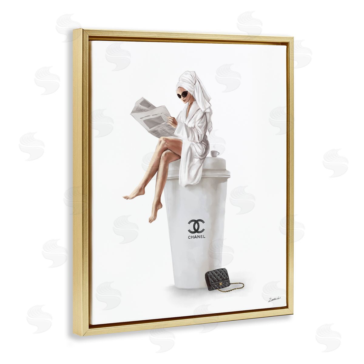 Chic Fashion Coffee & Purse Female Gold Floating Frame Canvas Wall Art, Home Decor by Ziwei Li