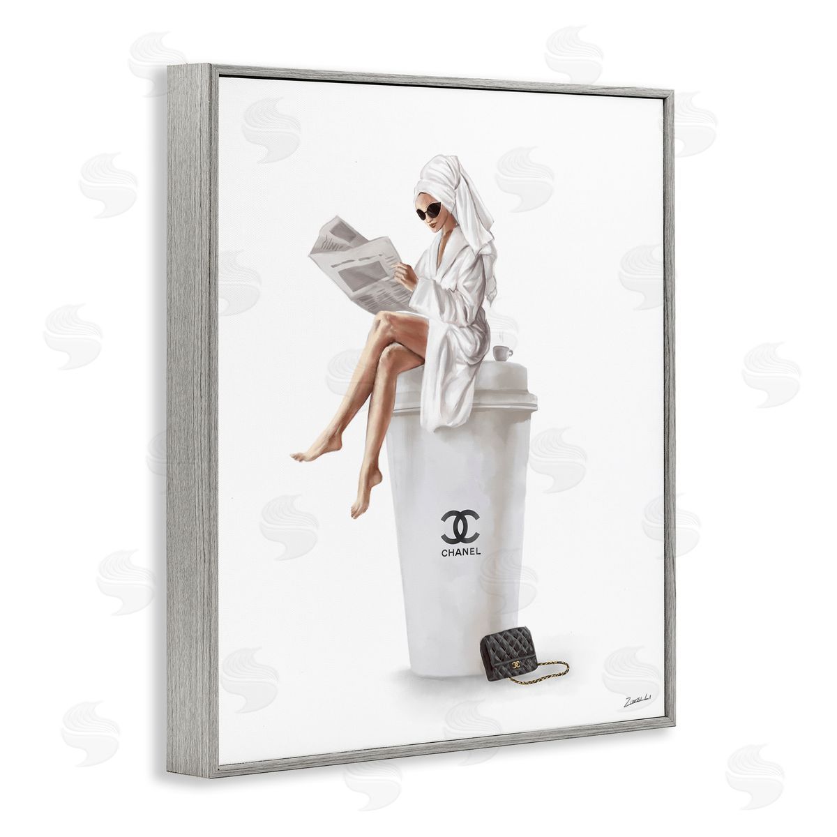 Chic Fashion Coffee & Purse Female Grey Frame Print Wall Art, Home Decor by Ziwei Li
