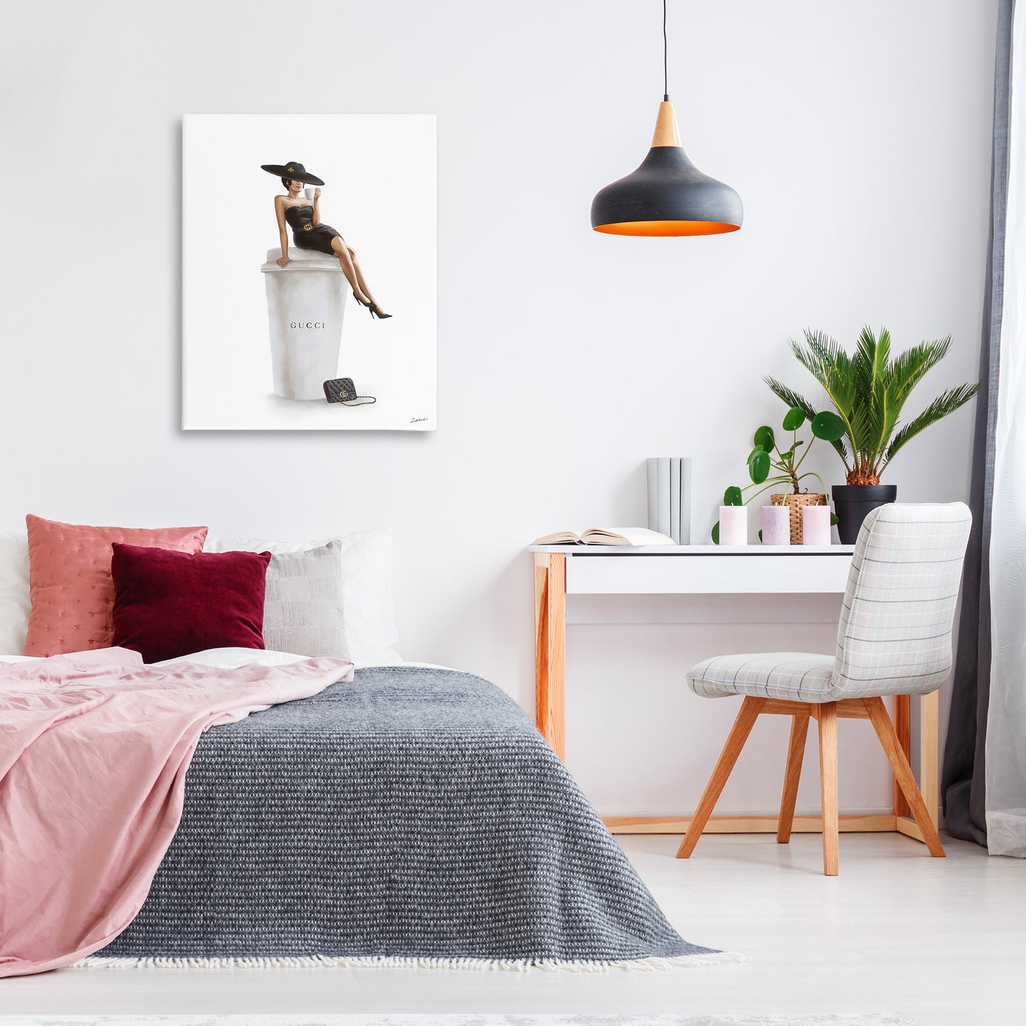 Stylish Fashion Female Pose Coffee Canvas Wall Art in Room, Home Decor by Ziwei Li