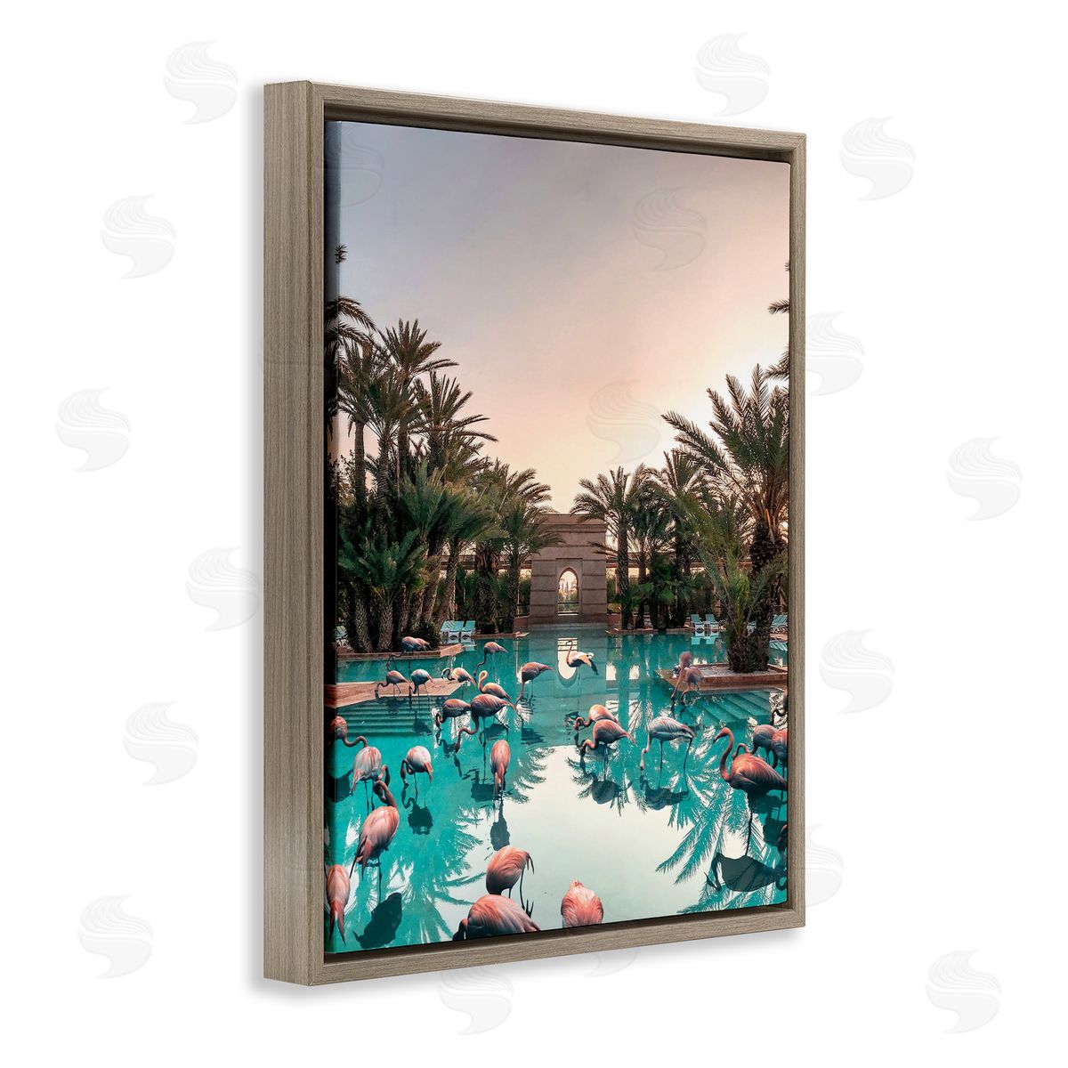 Tropical Pink Flamingo Pool Brown Floating Frame Canvas Wall Art, Home Decor by Ziwei Li