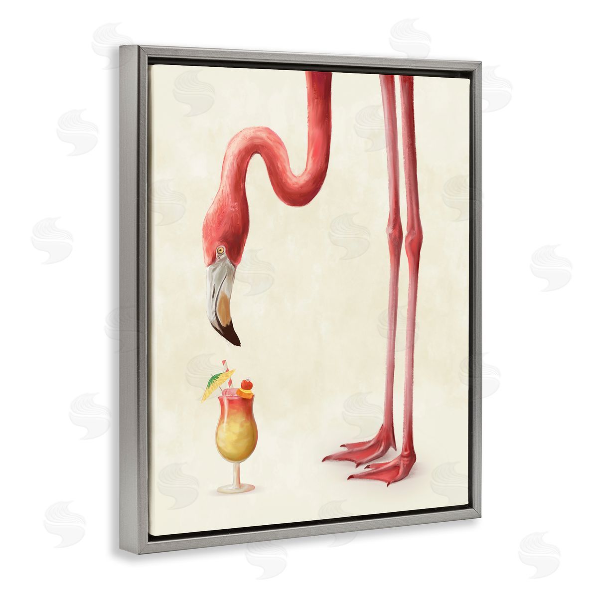 Pink Flamingo with Tropical Cocktail Grey Floating Frame Canvas Wall Art, Home Decor by Ziwei Li