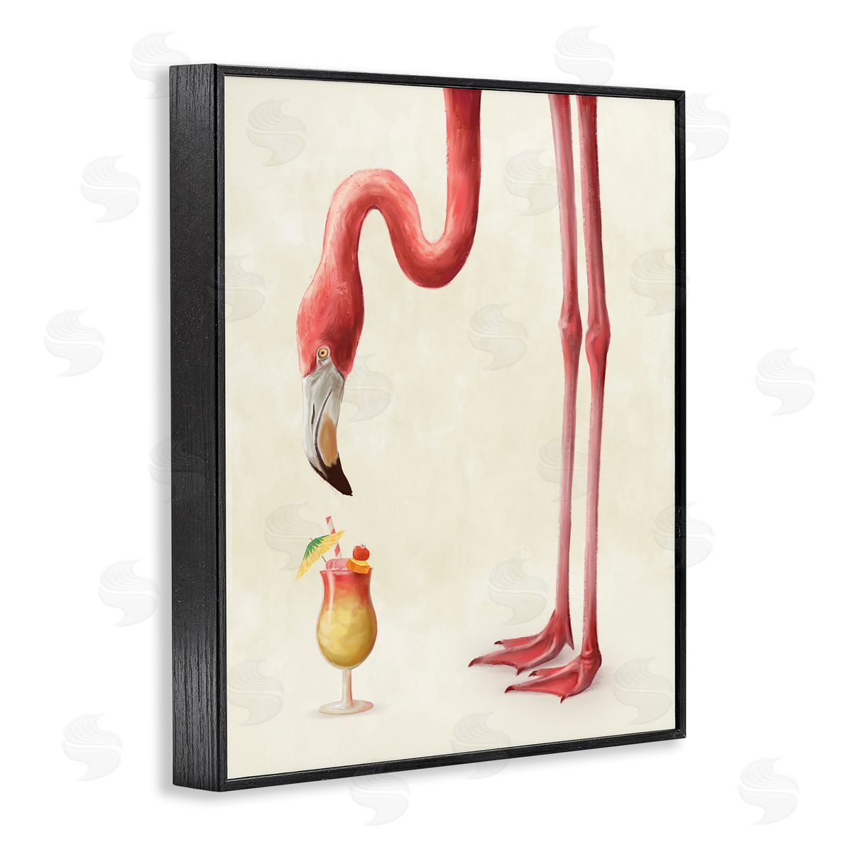 Pink Flamingo with Tropical Cocktail Black Frame Print Wall Art, Home Decor by Ziwei Li